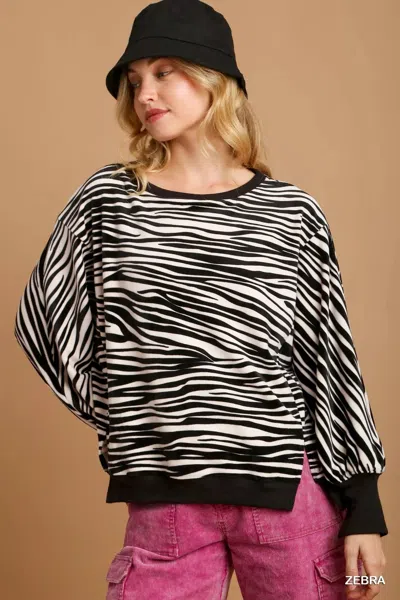 Truedames Zebra Striped Fleece Pullover Sweater Shirt In Black