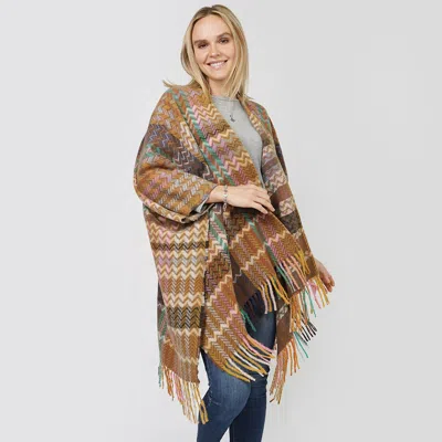 Truedames Zigzag Chevron Patterned Tassel Poncho In Multi