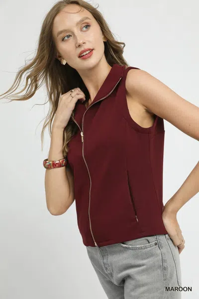 Truedames Zip-front Fitted Vest With Pockets In Burgundy