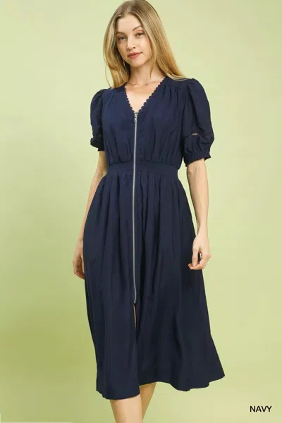 Truedames Zip-front Smocked Waist Midi Dress In Blue