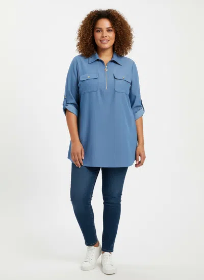 Truedames Zip Front Utility Pocket Tunic Blouse In Blue