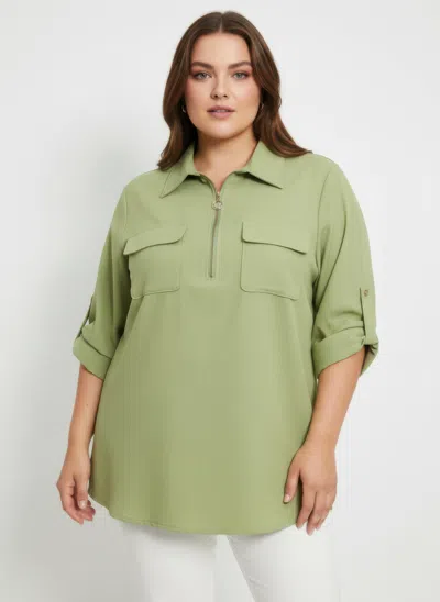 Truedames Zip Front Utility Pocket Tunic Blouse In Green