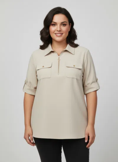 Truedames Zip Front Utility Pocket Tunic Blouse In Sand