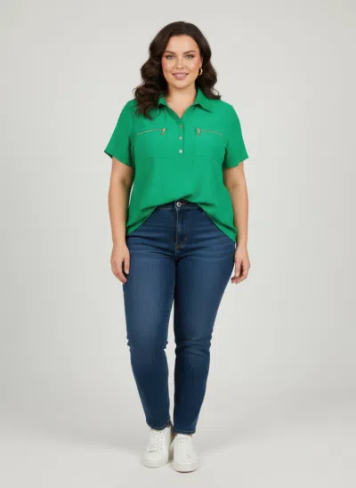 Truedames Zip Pocket Collared Knit Tunic Top In Green