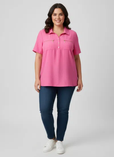 Truedames Zip Pocket Collared Knit Tunic Top In Pink