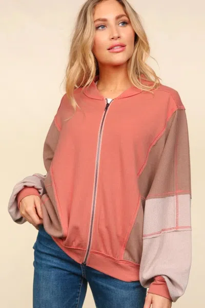Truedames Zip Up Color Block Bomber Jacket With Side Pockets In Pink