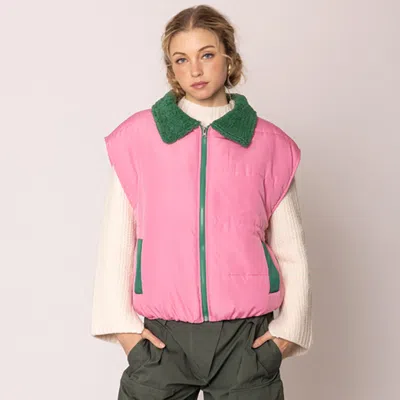 Truedames Zip-up Shearing Collar Puffer Vest In Pink