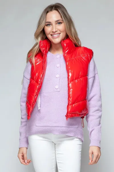 Truedames Zip Up Turtleneck Shiny Quilted Vest In Red