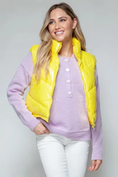 Truedames Zip Up Turtleneck Shiny Quilted Vest In Yellow