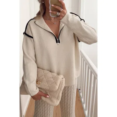 Truedames Zip Up V Neck Lapel Collar Loose Sweatshirt In Brown