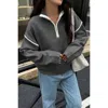Truedames Zip Up V Neck Lapel Collar Loose Sweatshirt In Gray