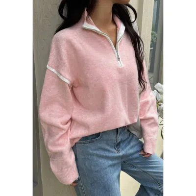 Truedames Zip Up V Neck Lapel Collar Loose Sweatshirt In Pink