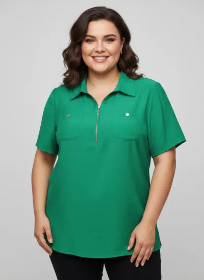 Truedames Zip-front Collared Utility Knit Top In Green