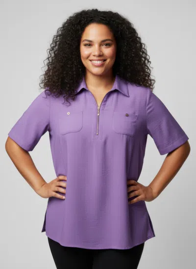 Truedames Zip-front Collared Utility Knit Top In Purple