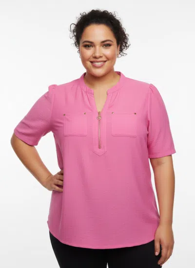 Truedames Zip-front Utility Pocket Knit Top In Pink