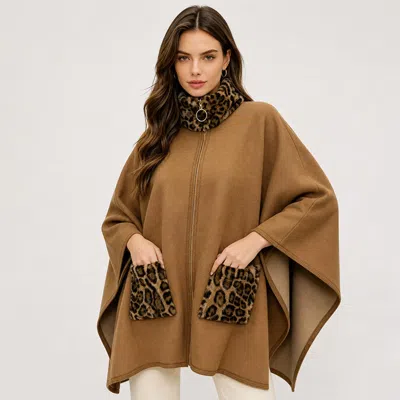 Truedames Zipper Front Leopard Print Faux Fur Stand Collar Poncho In Brown