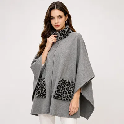 Truedames Zipper Front Leopard Print Faux Fur Stand Collar Poncho In Grey