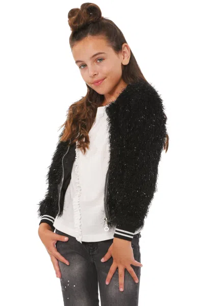 Truly Me Kids' Big Girls Faux Fur Sparkly Sporty Chic Bomber Jacket In Black