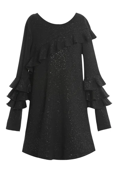 Truly Me Kids' Big Girls Long Sleeve Ruffle Glittery Shift Dress In Black
