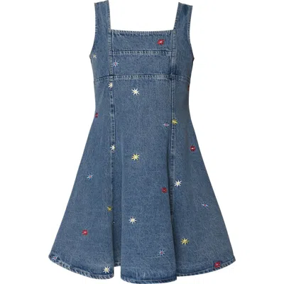 Truly Me Kids'  Flower Emb Denim Dress In Blue