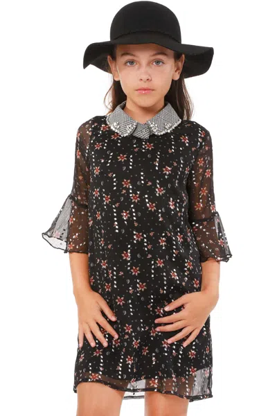 Truly Me Kids' Girls Elbow Sleeve Floral Print Collar Dress In Black