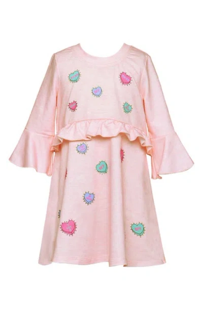 Truly Me Kids' Candy Hearts Print Embellished Trumpet Sleeve Dress In Light Pink