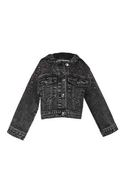 Truly Me Kids' Crystal Embellished Hooded Denim Trucker Jacket In Black