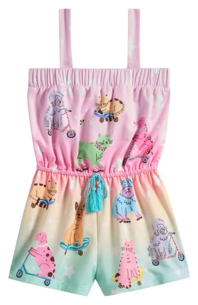 Truly Me Kids' Dogs & Cats Print Romper In Pink