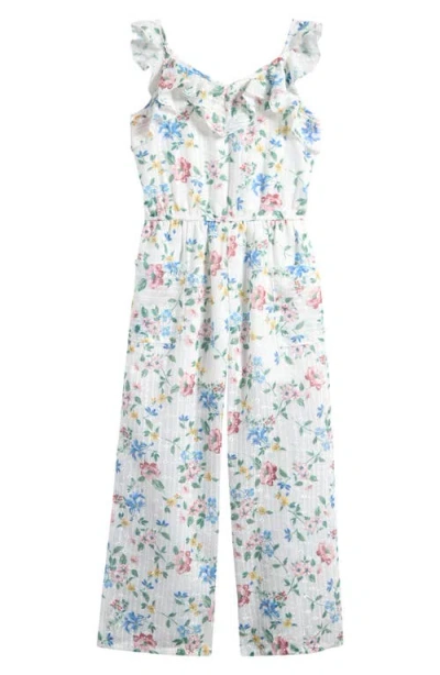 Truly Me Kids' Floral Eyelet Jumpsuit In White Multi