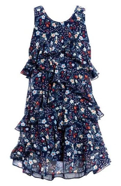 Truly Me Kids' Floral Print Ruffle Dress In Navy Multi