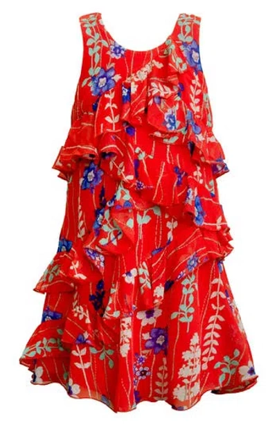 Truly Me Kids' Floral Print Ruffle Dress In Red Multi