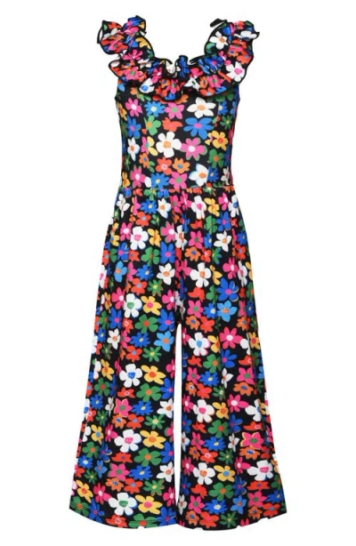 Truly Me Kids' Floral Ruffle Jumpsuit In Black Multi