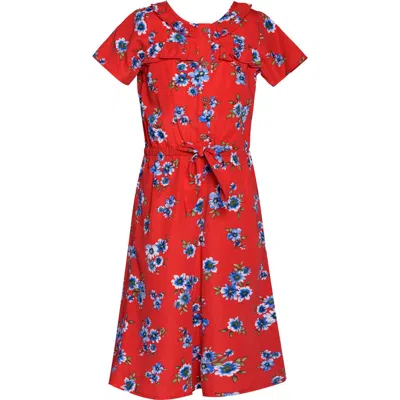 Truly Me Kids' Floral Ruffle Yoke Jumpsuit In Red