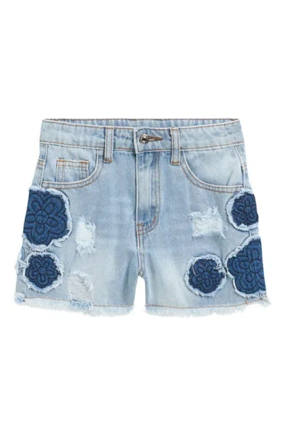 Truly Me Kids' Flower Appliqué Distressed Denim Cutoff Shorts In Blue
