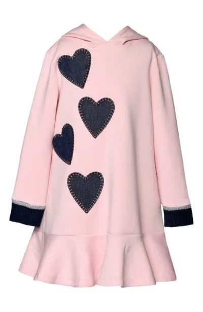 Truly Me Kids' Heart Appliqué Hooded Long Sleeve Scuba Knit Dress In Pink