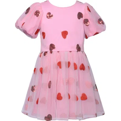 Truly Me Kids' Heart Embroidered Party Dress In Pink Red Heart