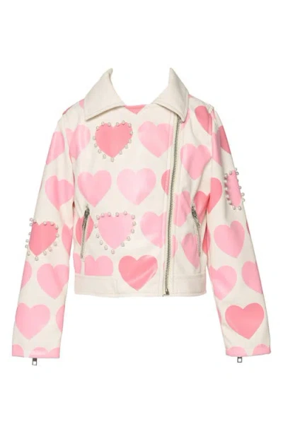 Truly Me Kids Heart Print Faux Leather Jacket In Ivory Multi