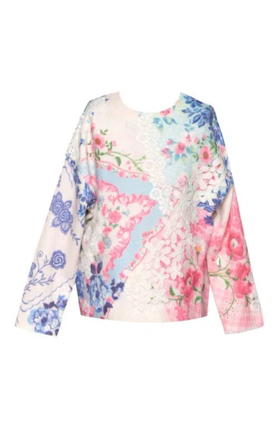 Truly Me Kids' Lace Trim Floral Print Sweater In Multi