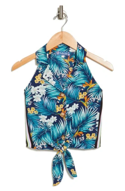 Truly Me Kids' Tropical Sleeveless Tie Front Top In Blue