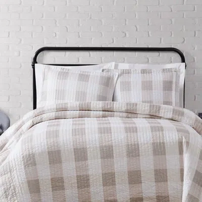 Truly Soft Buffalo Microfiber Farmhouse / Country Quilt Set In Khaki