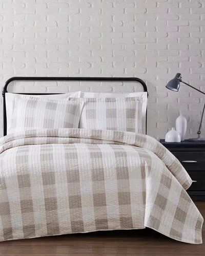 Truly Soft Everyday Buffalo Plaid Khaki Quilt Set In White