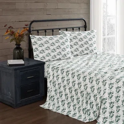 Truly Soft Festive Cottage Toile Cotton Flannel Sheet Set In White And Green