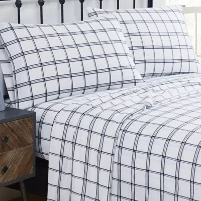 Truly Soft Traditional Cozy 200 Thread Count Plaid 100% Cotton Flannel Sheet Set In Black;white