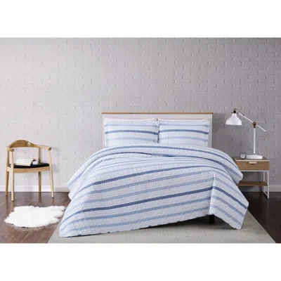 Truly Soft Waffle Stripe Quilt Set In White And Blue