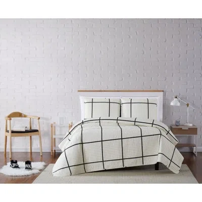 Truly Soft Windowpane Ivory/black Microfiber Quilt Set In Blue;ivory