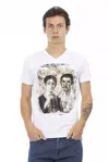 Trussardi Action Elegant V-neck Designer Tee With Chic Front Print In White