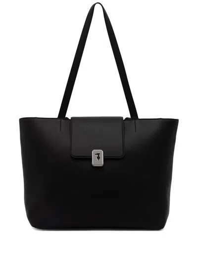 Trussardi Cameo Leather Tote Bag In Black