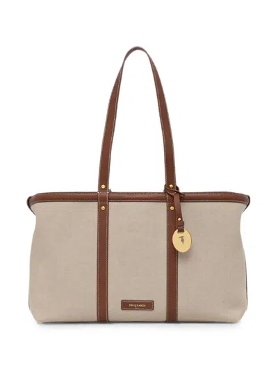 Trussardi Elba Leather-trim Canvas Tote Bag In Brown