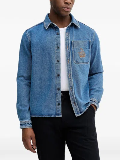 Trussardi Embroidered Denim Shirt In Blue