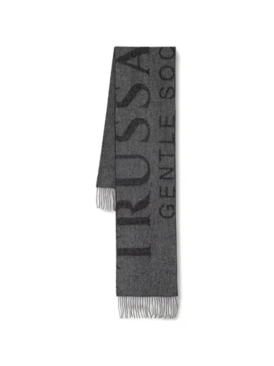 Trussardi Gentle Society Logo-print Fringed Scarf In Gray